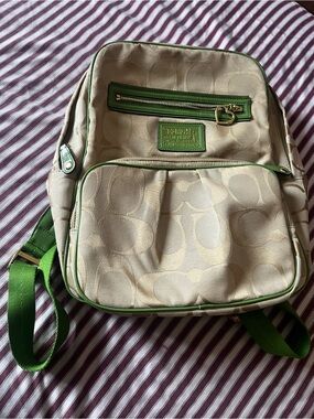 Coach Beige Signature Canvas Backpack with Green Trim